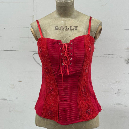 Italian Vintage Red Lace-Up Corset Top