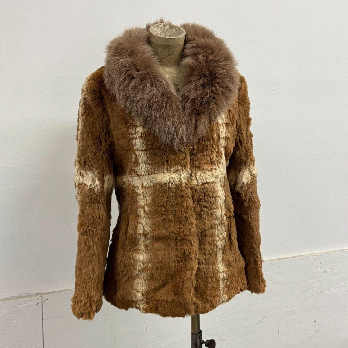 Vintage Cross Stripe Cognac Brown Rabbit & Fox Fur Jacket Coat
