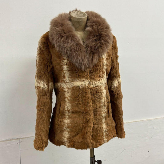Vintage Cross Stripe Cognac Brown Rabbit & Fox Fur Jacket Coat