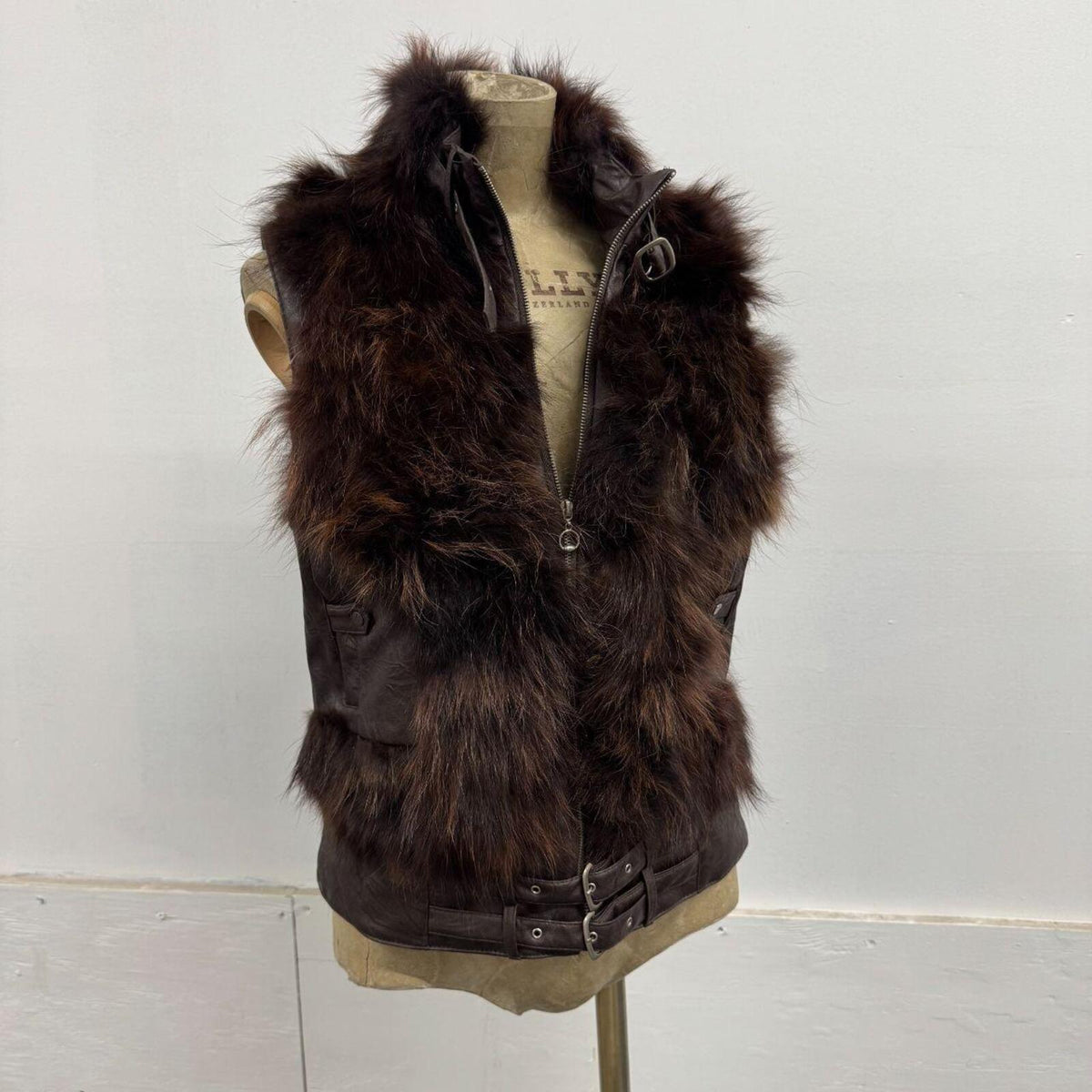 Vintage Y2K Chocolate Leather & Fox Fur Moto Vest