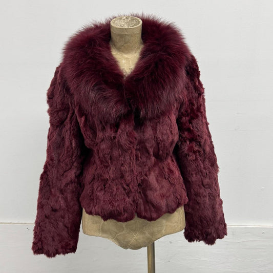Vintage Y2K Burgundy Red Rabbit & Fox Fur Jacket Coat