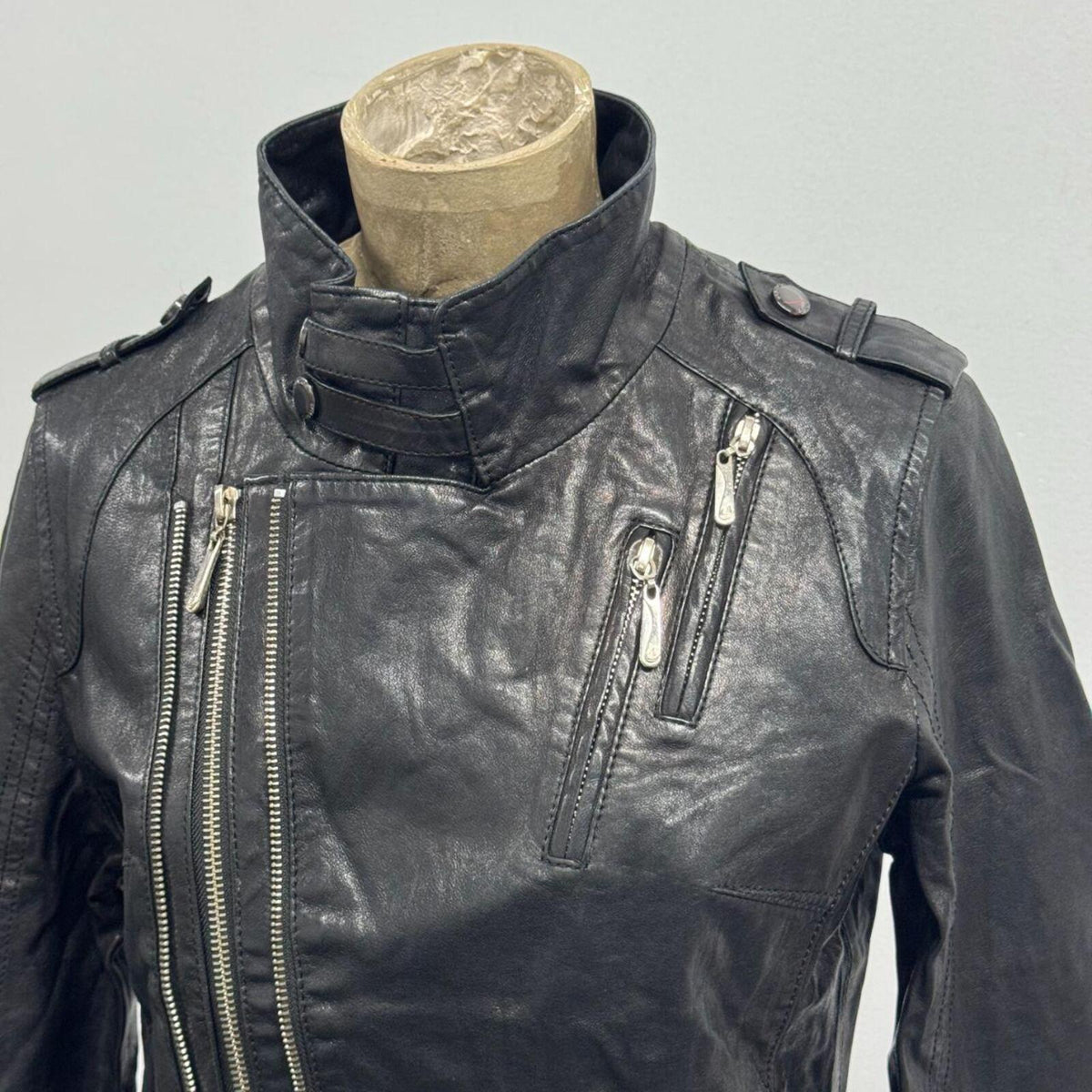 Vintage Black Multi-Zip Real Leather Moto Jacket