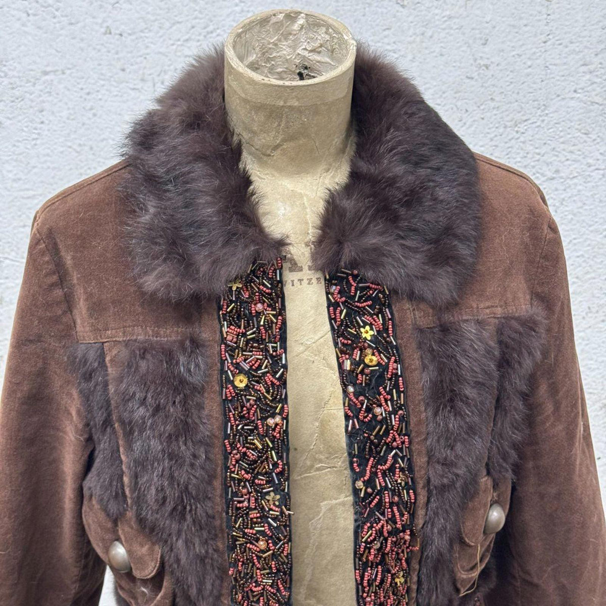 Y2K Vintage Brown Beaded & Rabbit Fur Cropped Bolero Jacket