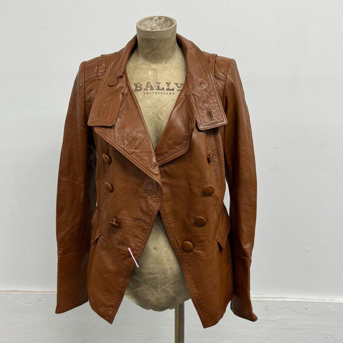 Vintage Cognac Brown Military Funnel Neck Leather Jacket 2