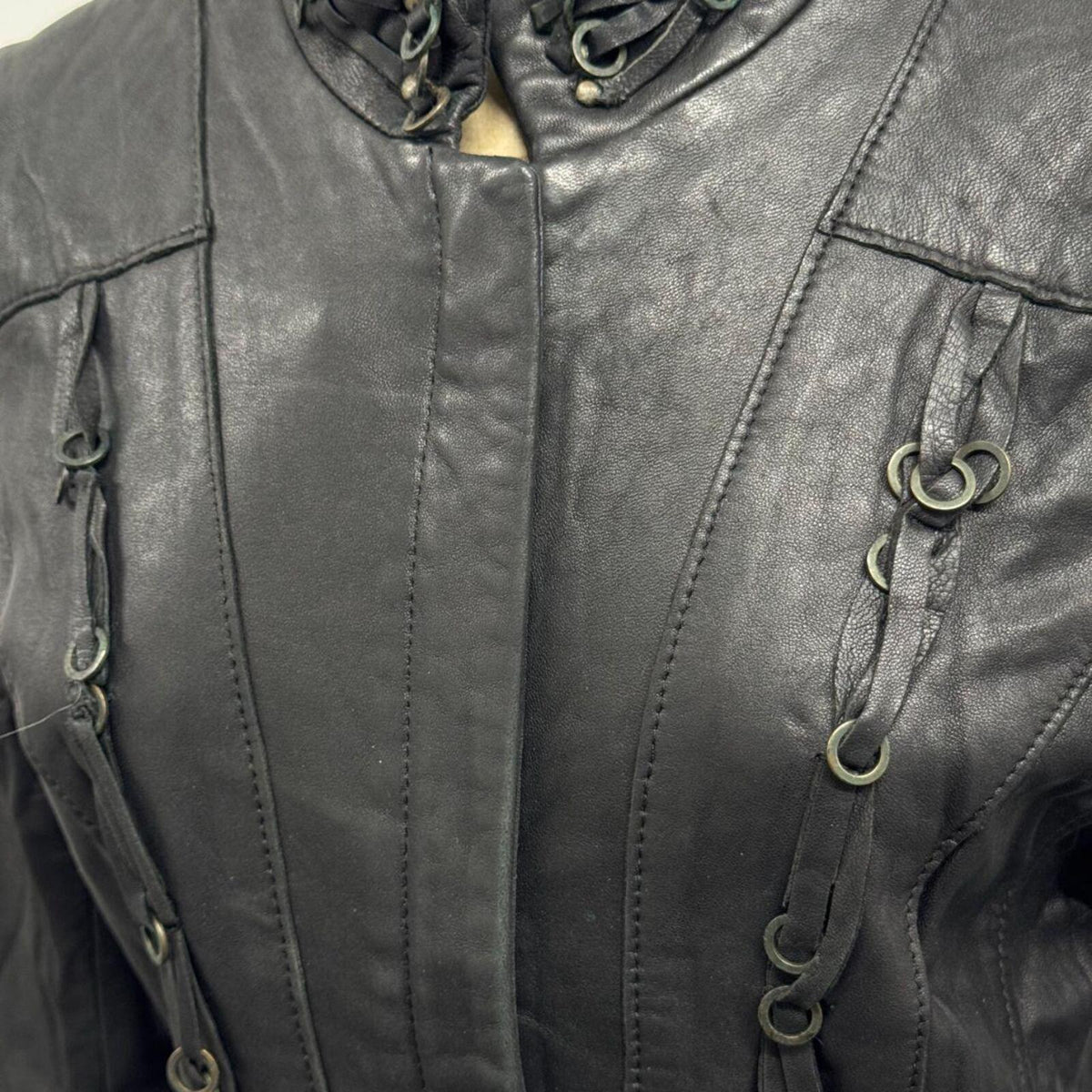 Vintage Black Grommet Detail Military Steampunk Leather Jacket