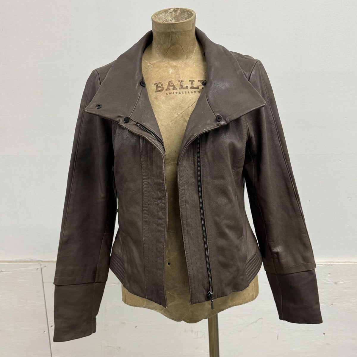Vintage Grey-Brown Funnel Neck Avant Garde Leather Jacket