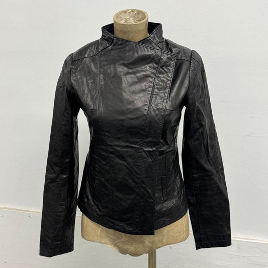 Vintage Black Funnel Neck Asymmetric Avant Garde Leather Jacket