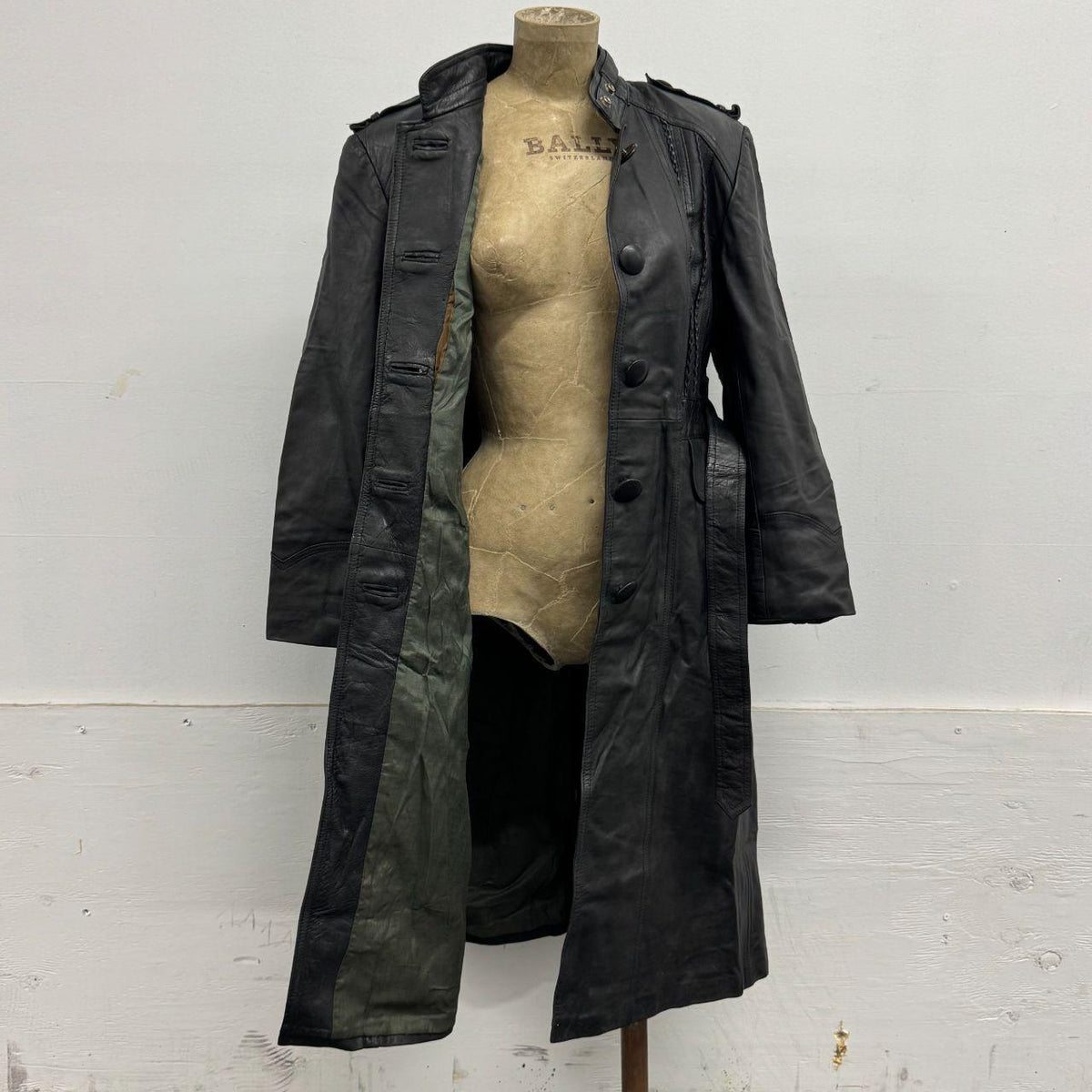 Vintage Genuine Black Leather Military Trench Duster Coat with Belt