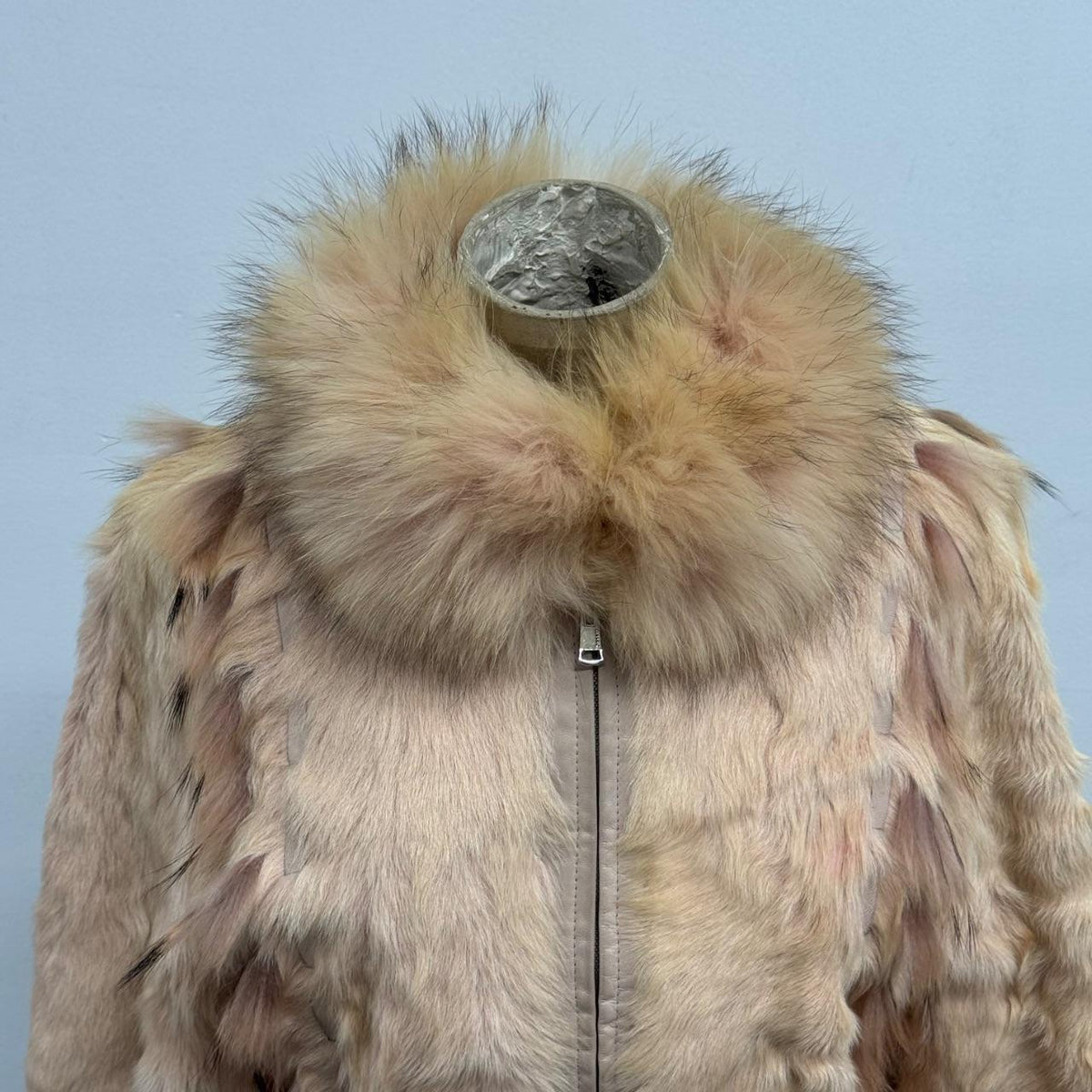 Vintage Y2K Pastel Blush Pink Rabbit Fur Bomber Jacket w Raccoon Fur Coat
