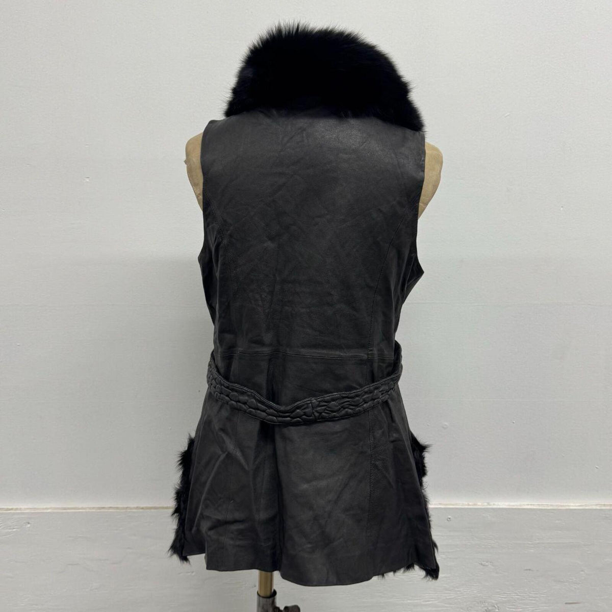 Vintage Black Fox Fur Leather & Curly Wool Vest