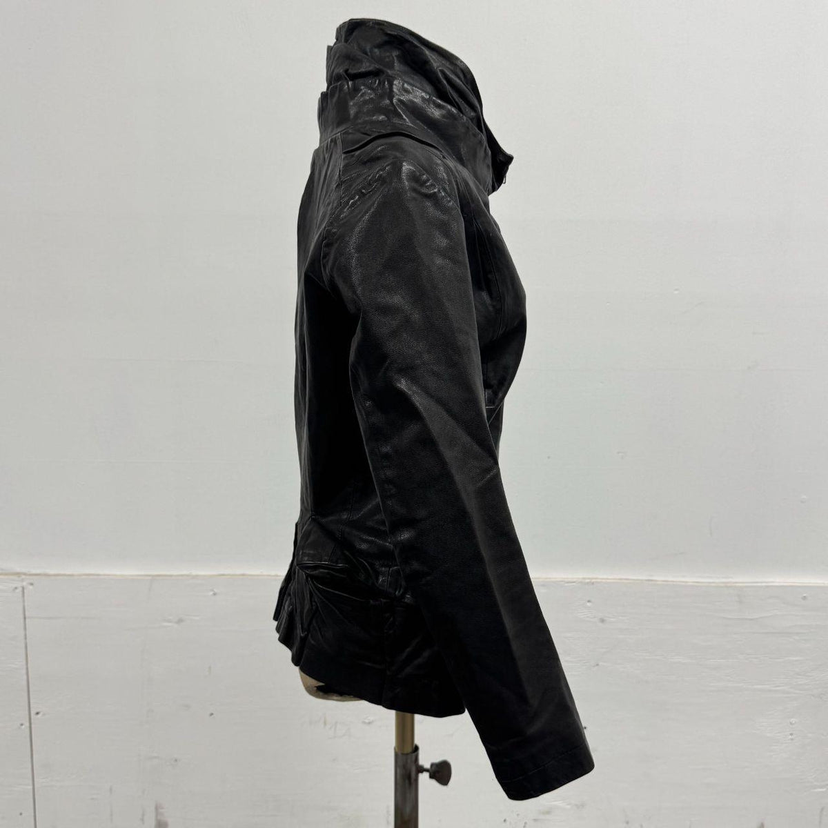 Vintage Black Funnel Neck Asymmetric Avant Garde Leather Jacket