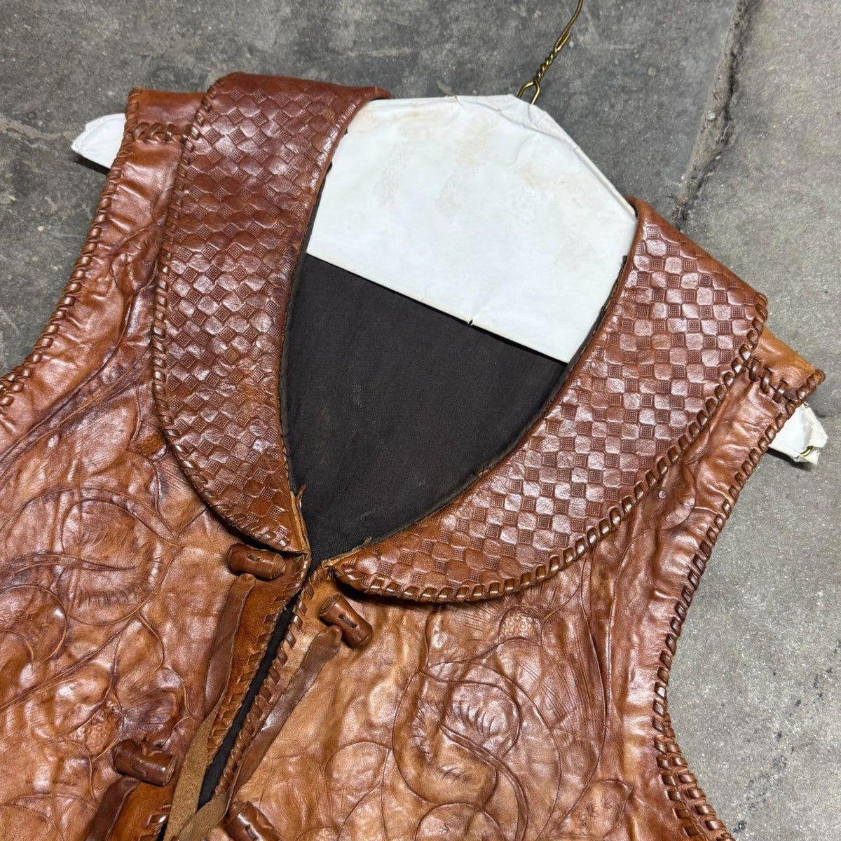Vintage 60s 70s Leather Western Film Costume Vest Brown Embossed