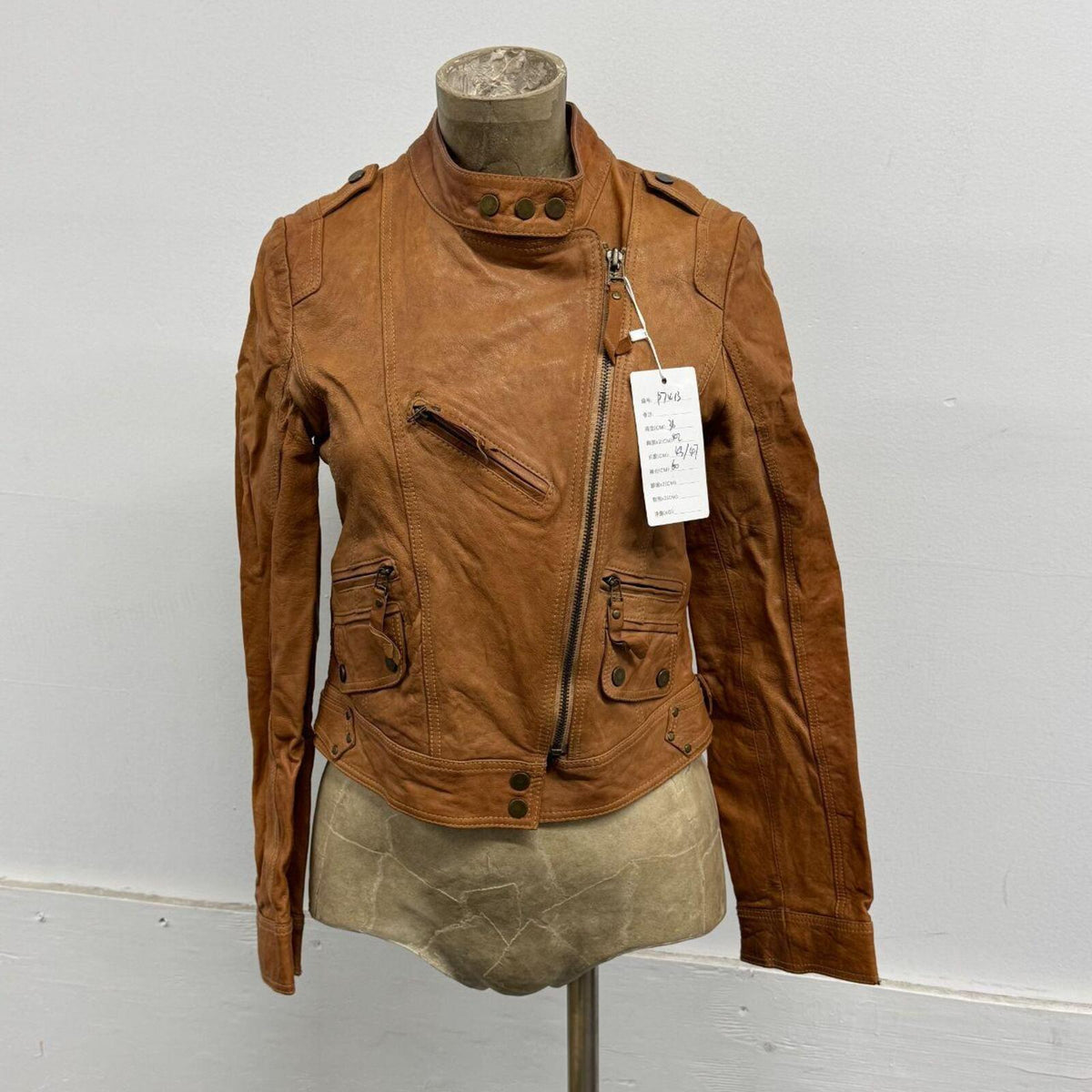 Vintage Tan Cargo Moto Leather Jacket