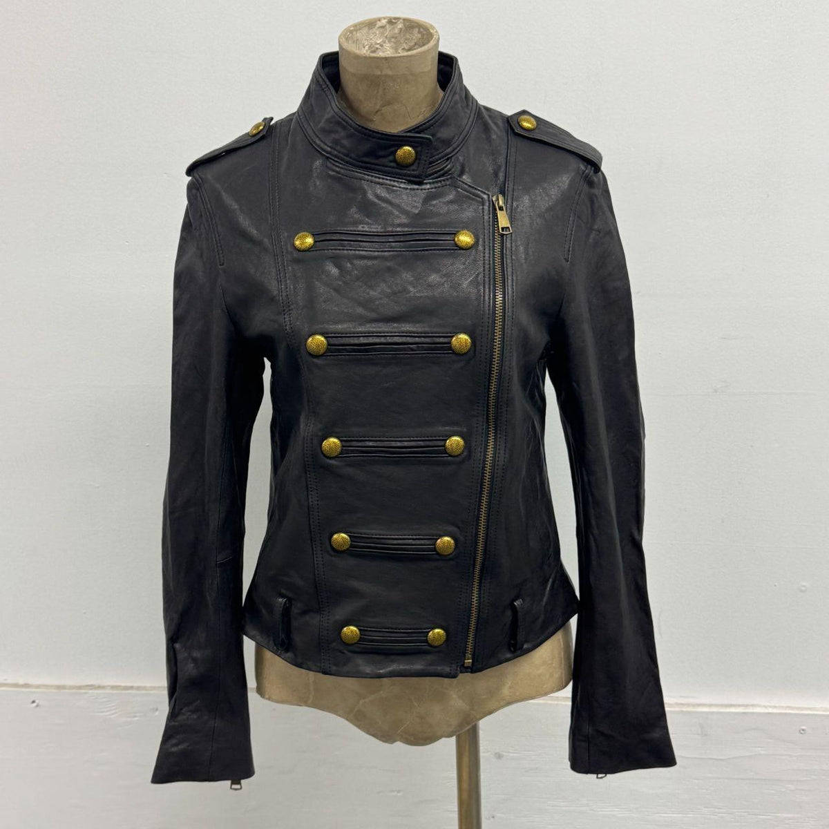 Vintage Black Military Button Marching Band Leather Jacket