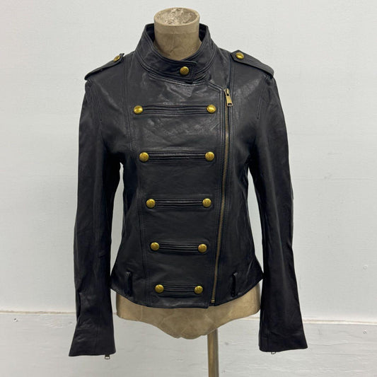 Vintage Black Military Button Marching Band Leather Jacket