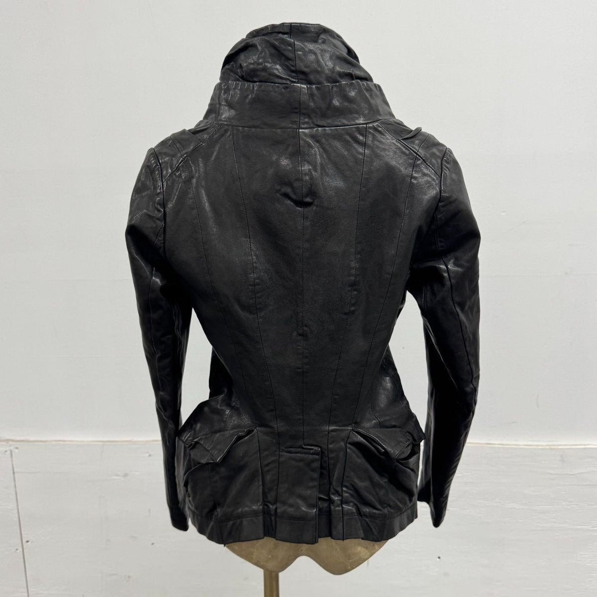 Vintage Black Funnel Neck Asymmetric Avant Garde Leather Jacket