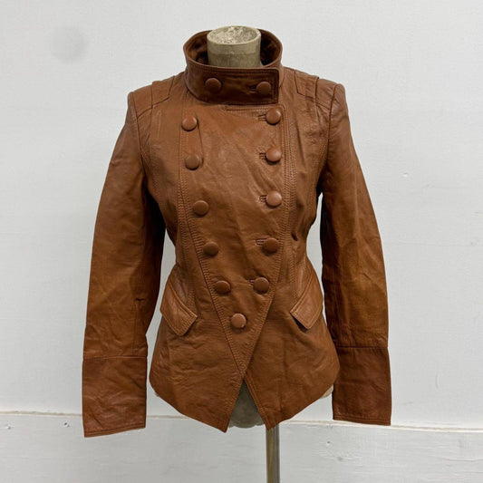 Vintage Cognac Brown Military Funnel Neck Leather Jacket