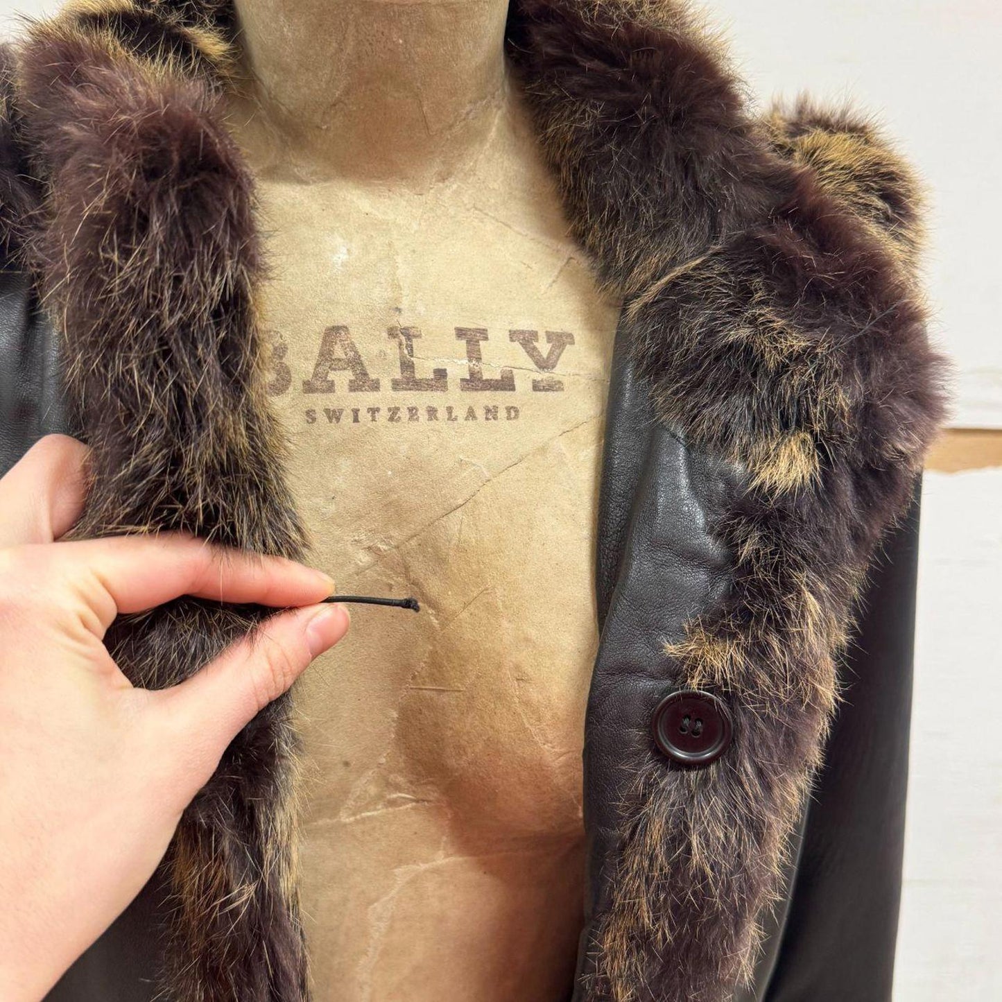90s Vintage Kri-u Leather & Rabbit Fur Hooded Trench Coat