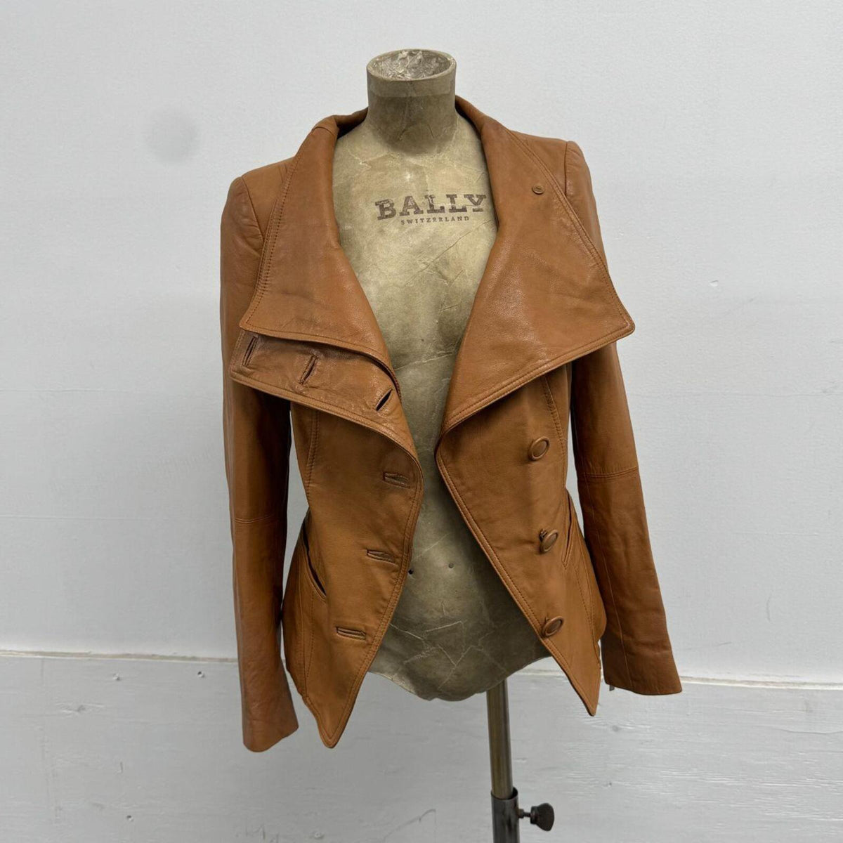 Vintage Tan Funnel Neck Asymmetric Avant Garde Military Leather Jacket