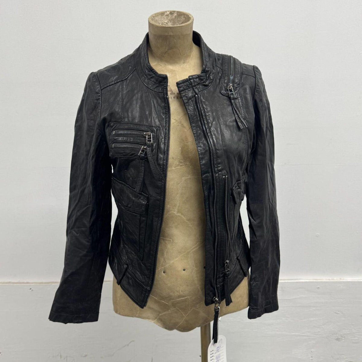 Vintage Black Multi-Zip Cargo Lambskin Leather Moto Jacket