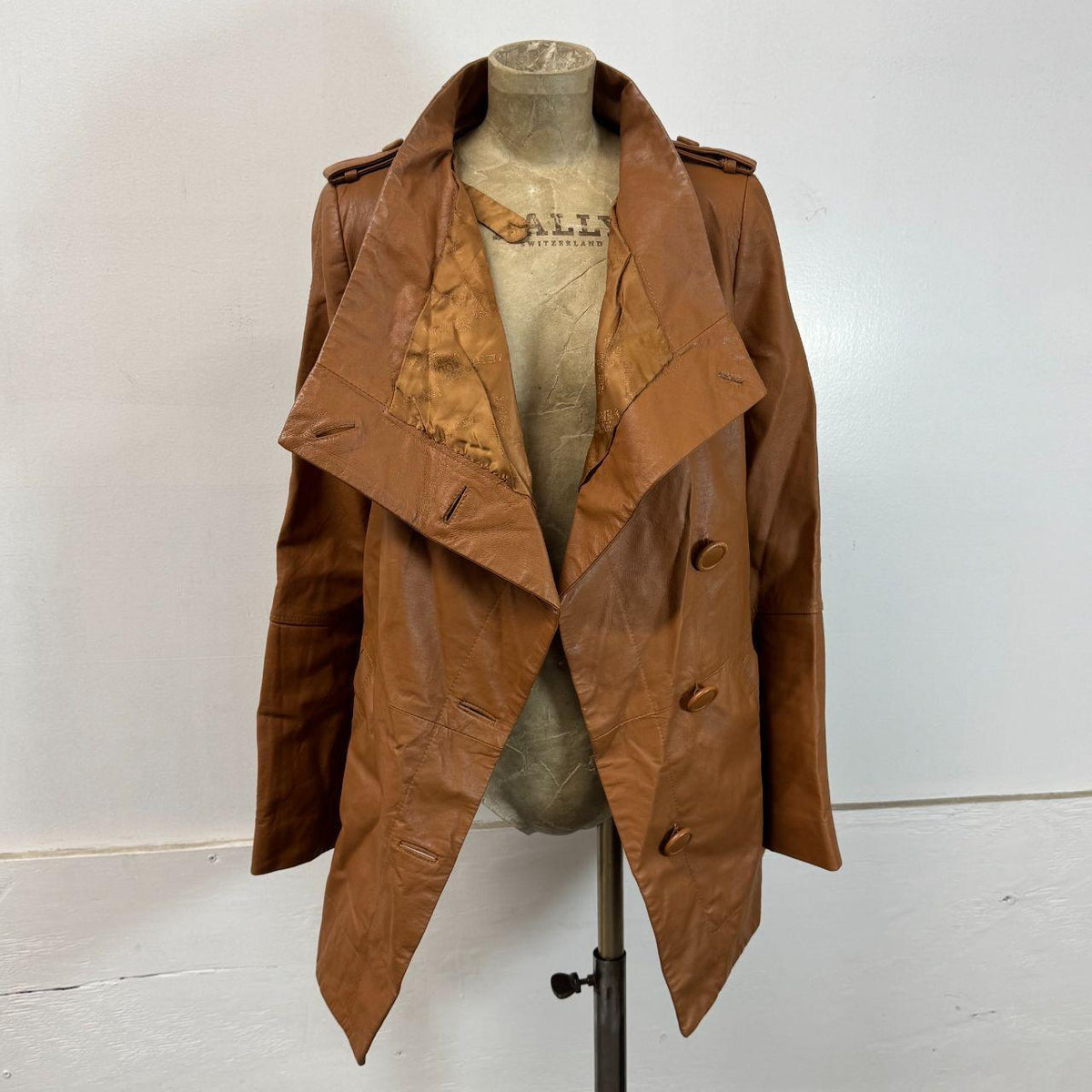 Vintage Tan Funnel Neck Asymmetric Avant Garde Leather Jacket