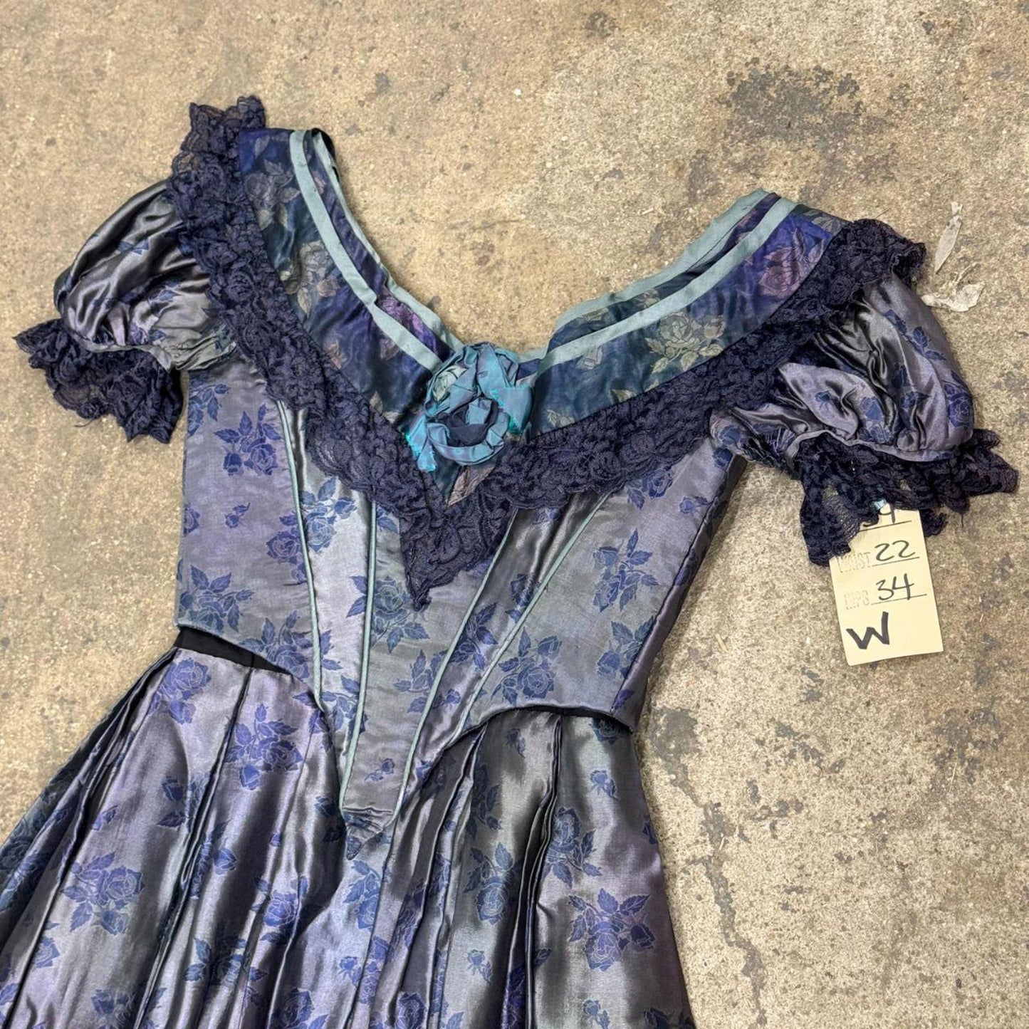 50s Vintage Iridescent Blue Floral Silk Victorian 1800s Style Gown Film Costume