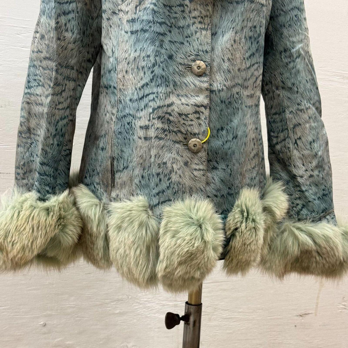 Vintage Y2K Blue Seafoam Fox Fur & Leather Jacket Coat