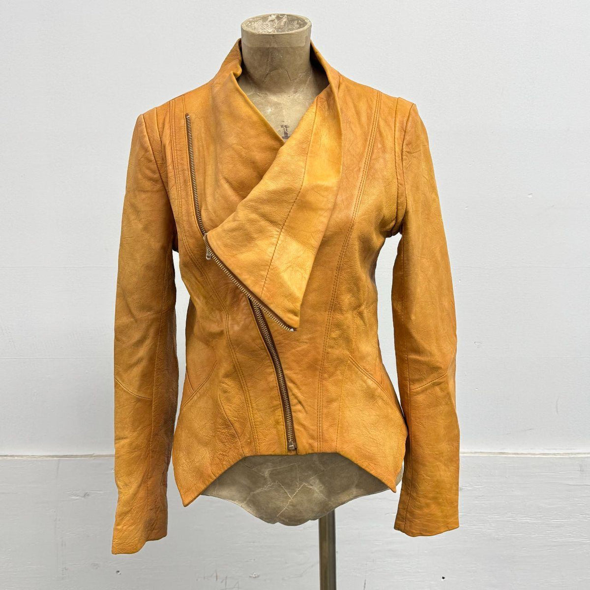 Vintage Tan Funnel Neck Asymmetric Avant Garde Leather Jacket