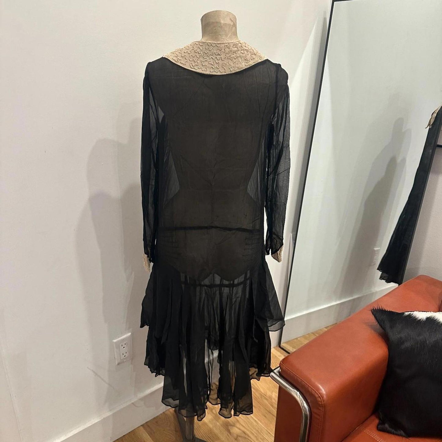 Black Ivory Silk Beaded Sailor Flapper 20s Dress Antique