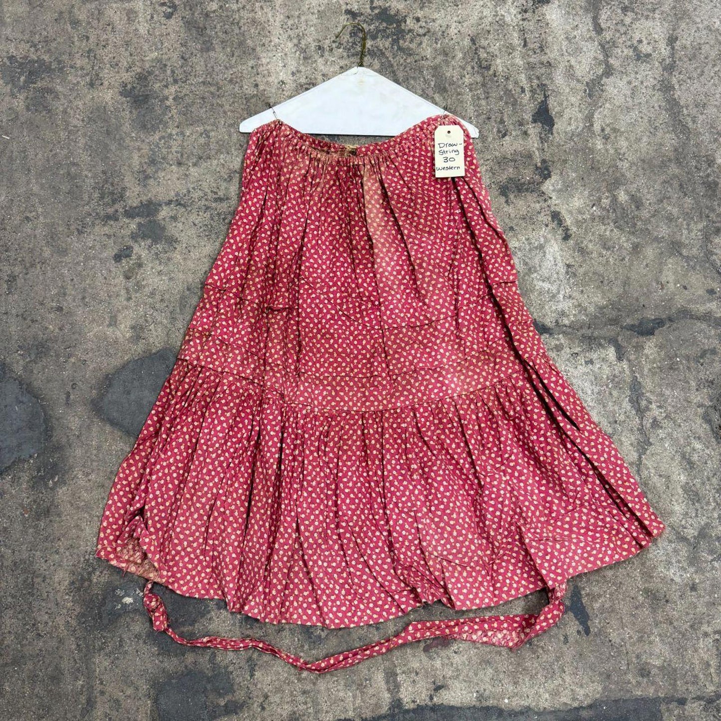 Distressed Vintage 40s does 1800s Edwardian Red Calico Cotton Prairie Maxi Skirt