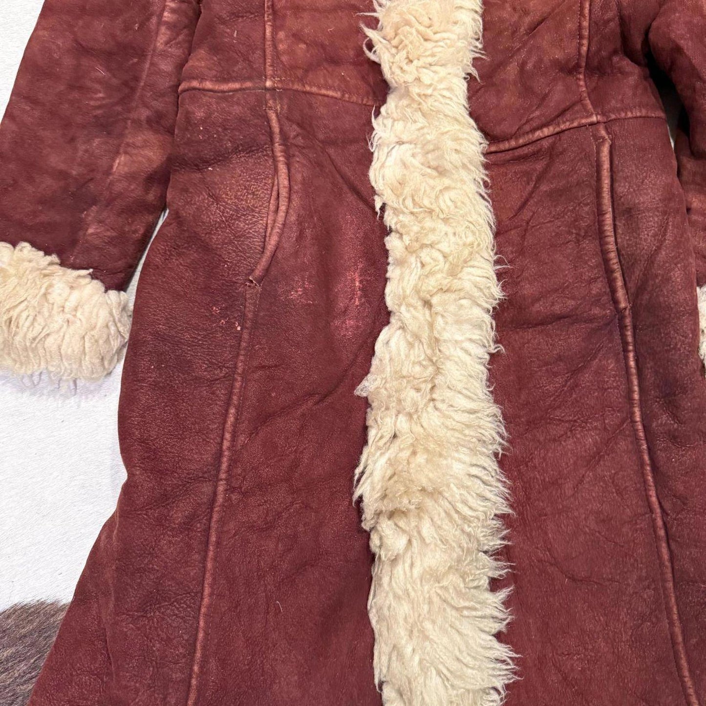 70s Vtg Red Suede Sheepskin Penny Lane Afghan Trench Coat