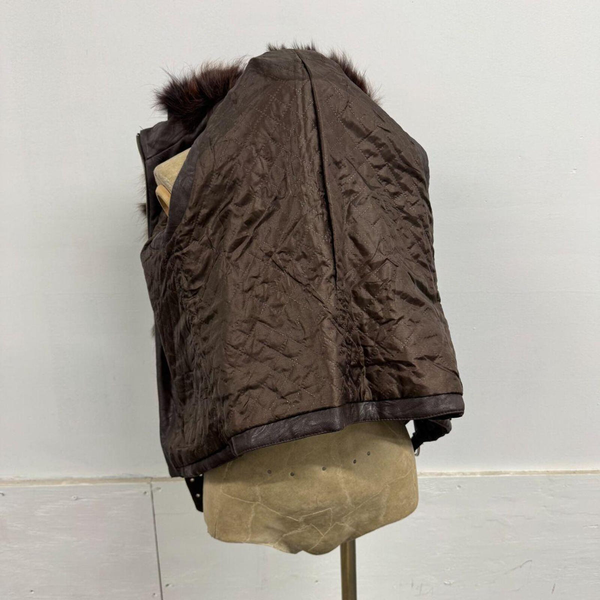 Vintage Y2K Chocolate Leather & Fox Fur Moto Vest