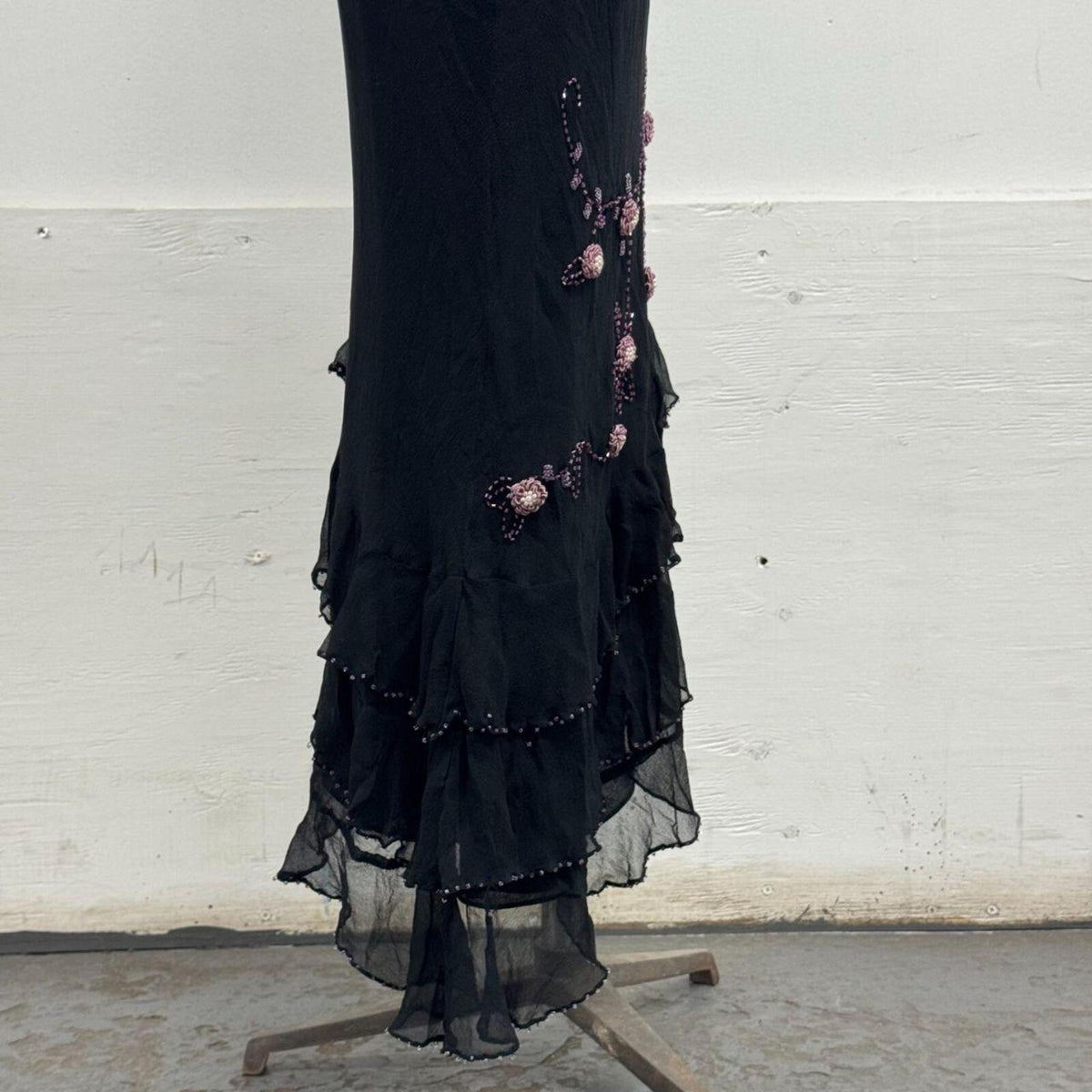 Vintage Y2K I.C.E. 3D Beaded Floral Black Silk Midi Dress