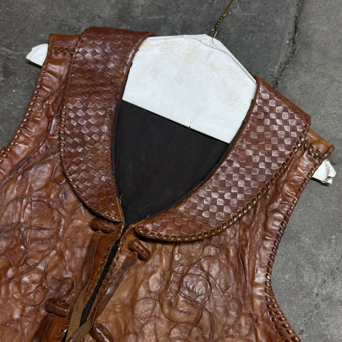 Vintage 60s 70s Leather Western Film Costume Vest Brown Embossed