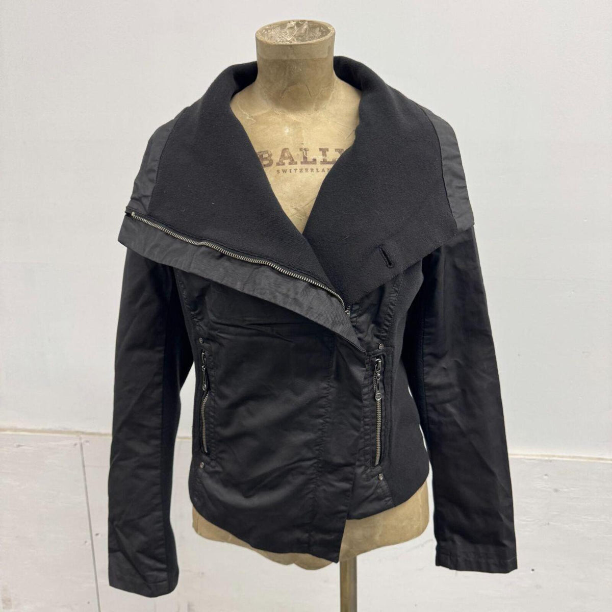 Vintage Black Funnel Neck Asymmetric Avant Garde Leather Jacket