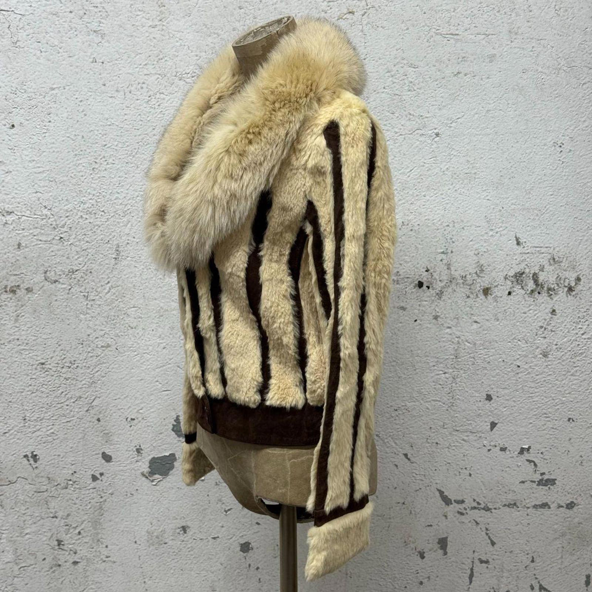 Vintage Y2K Striped Rabbit Fur & Suede Jacket Fox Collar Coat