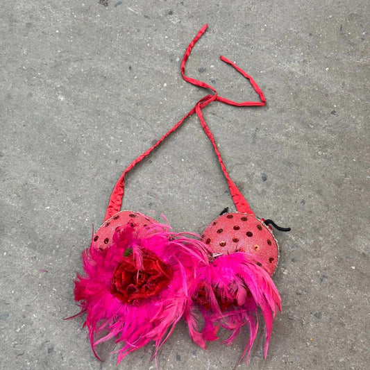 Vintage Pink Showgirl Feather & Velvet Floral Stage Bra Film Costume