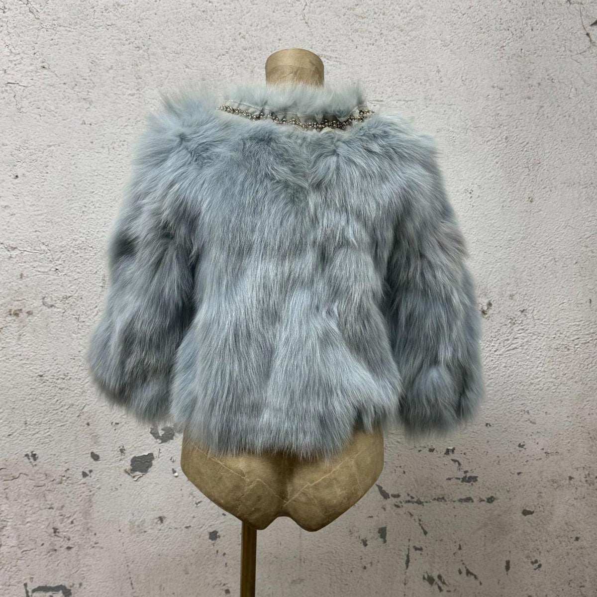 Vintage Y2K Beaded Ice-Blue Fox Fur Cropped Jacket Coat