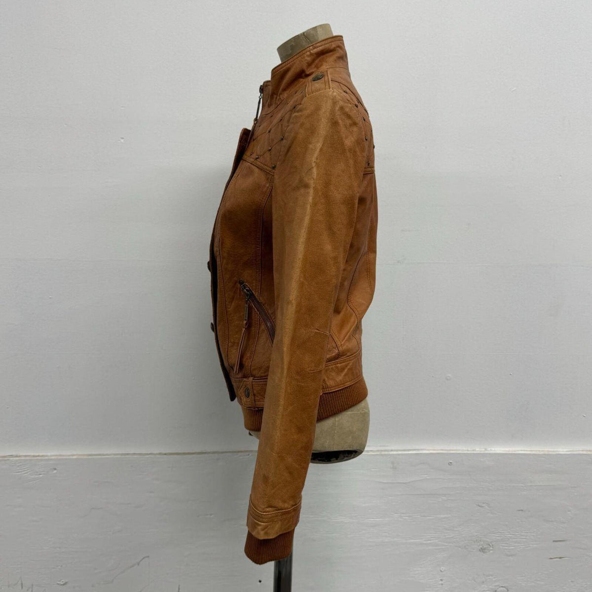 Vintage Tan Cognac Military Style Leather Jacket