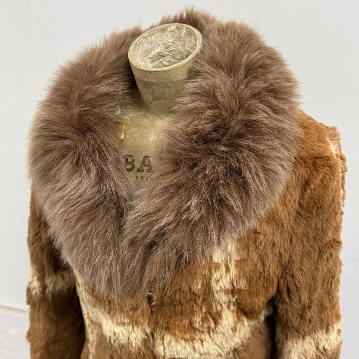 Vintage Cross Stripe Cognac Brown Rabbit & Fox Fur Jacket Coat