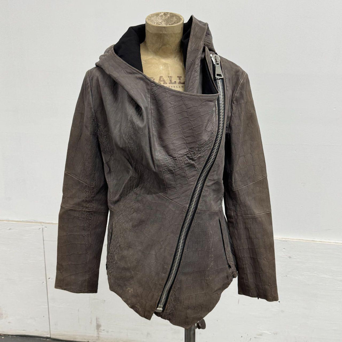 Vintage Grey Draped Embossed Asymmetric Avant Garde Leather Jacket