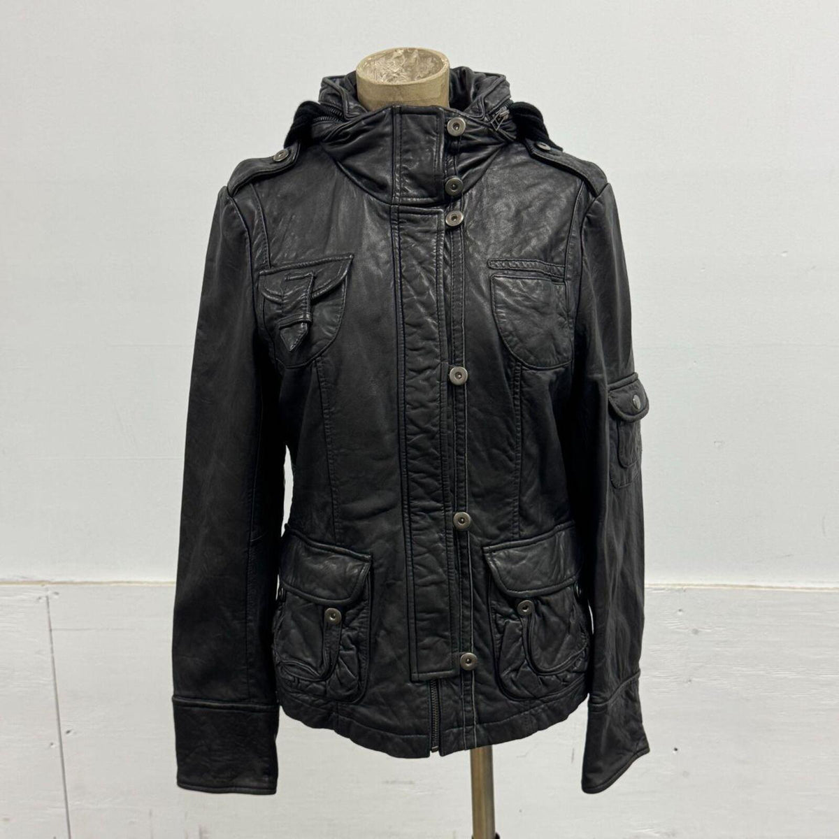 Vintage Black Utility Cargo Zip-Out Convertible Hood Parka Leather Jacket