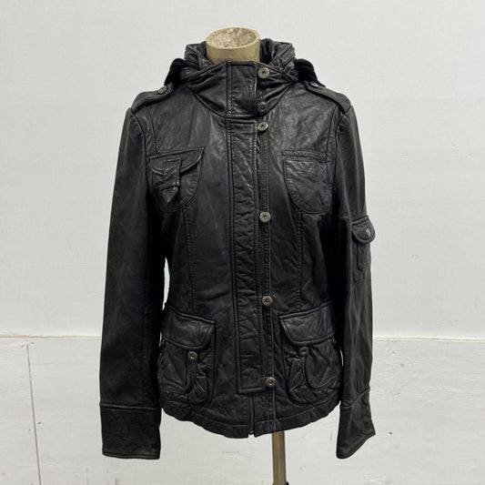Vintage Black Utility Cargo Zip-Out Convertible Hood Parka Leather Jacket