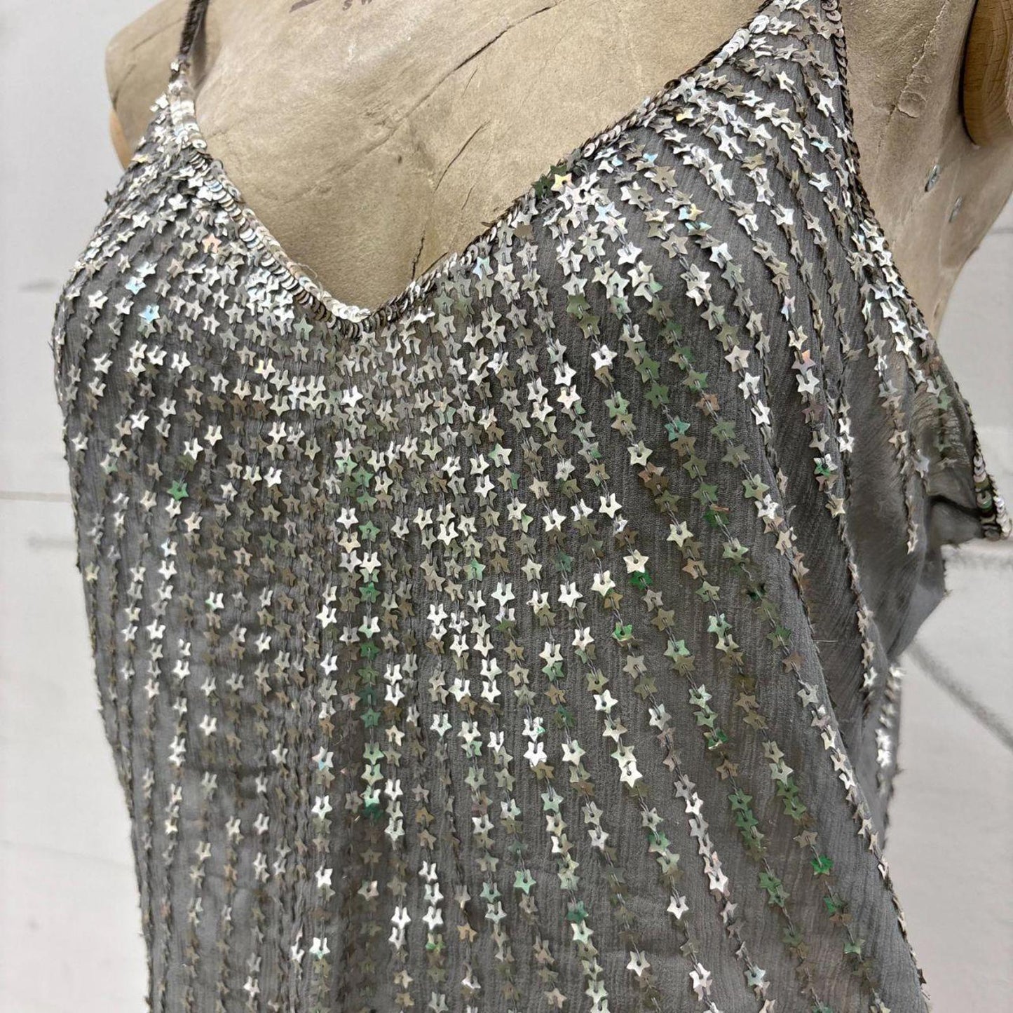 Vintage Pink Soda 100% Silk Silver Sequin Star Top