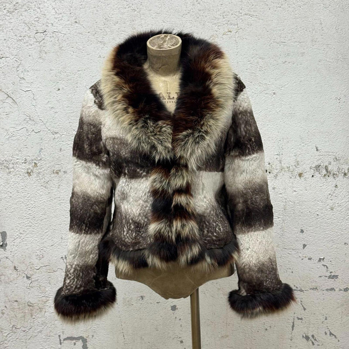 Vintage Y2K Grey Brown Striped Rabbit & Fox Fur Jacket Coat