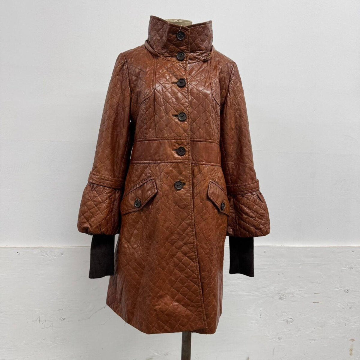 Vintage Cognac Brown Longline Detachable Hood Quilted Leather Jacket