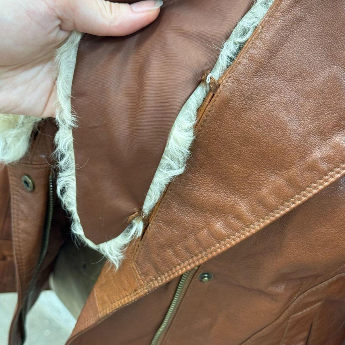 Vintage ONLY Detachable Shearling Leather Moto Jacket Cognac Brown