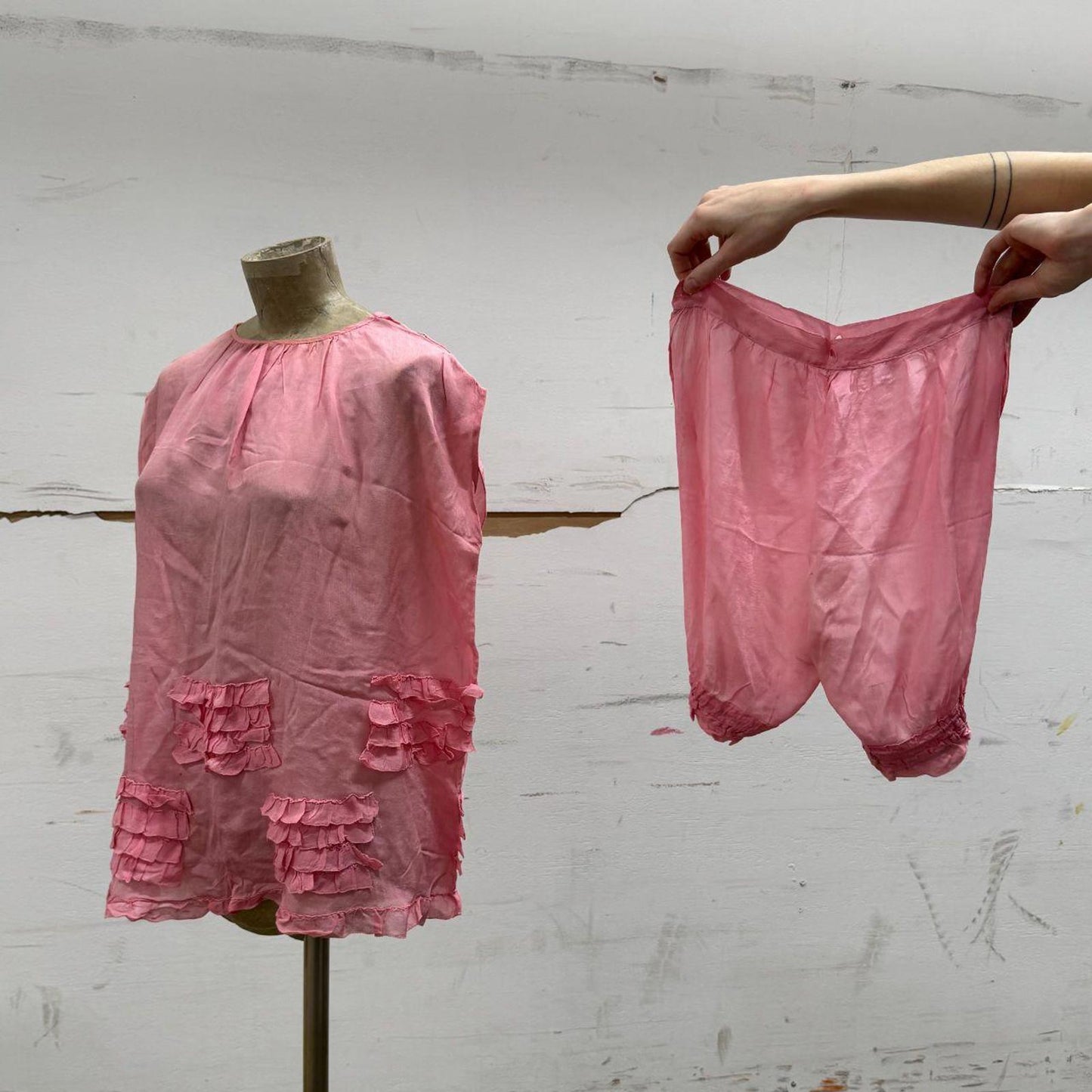 Vintage 1920s Pink Silk Ruffle Bloomers Lingerie Set