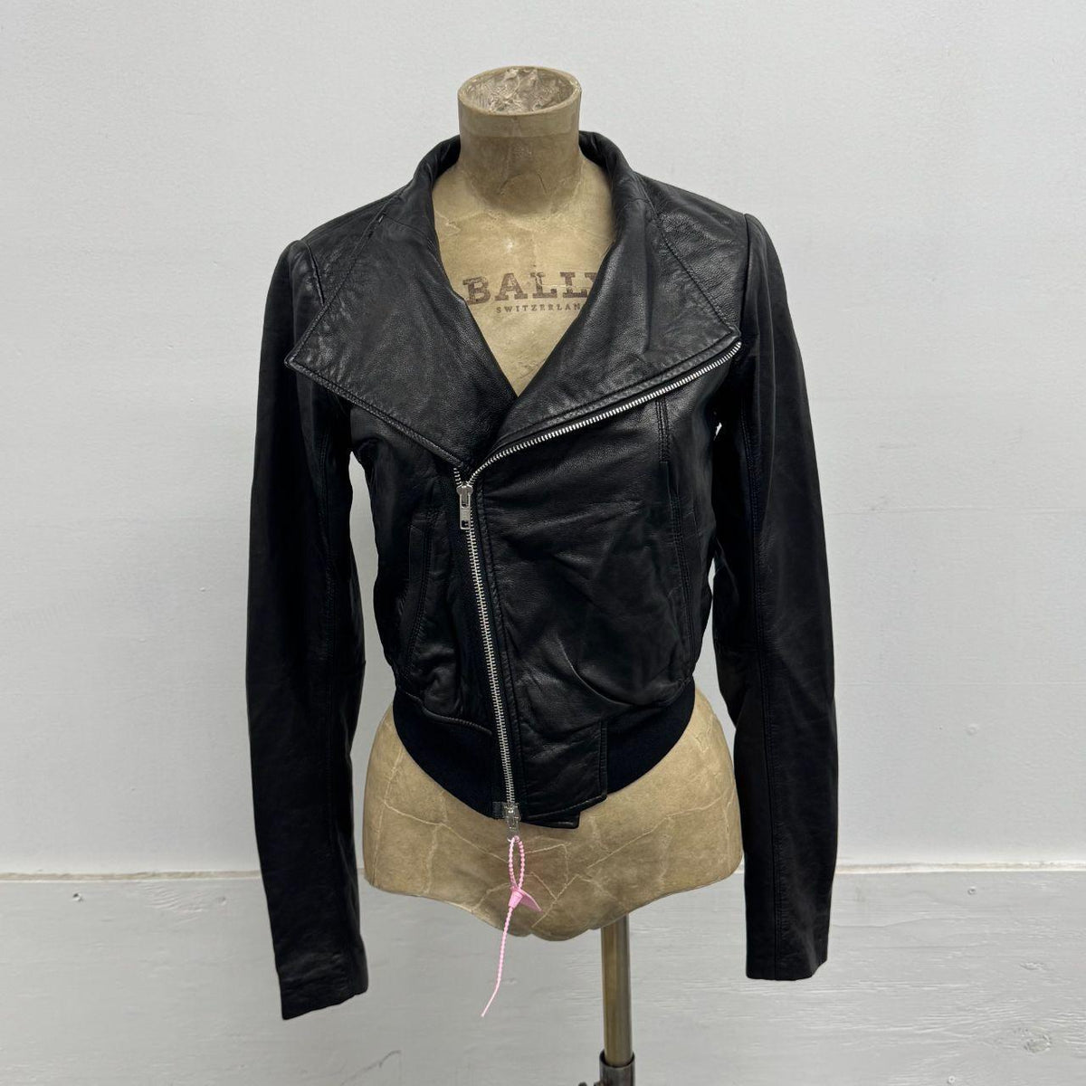 Vintage Black Funnel Neck Asymmetric Avant Garde Leather Jacket