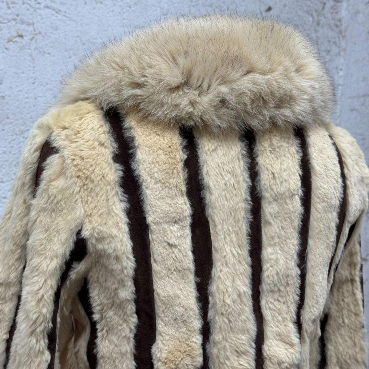 Vintage Y2K Striped Rabbit Fur & Suede Jacket Fox Collar Coat